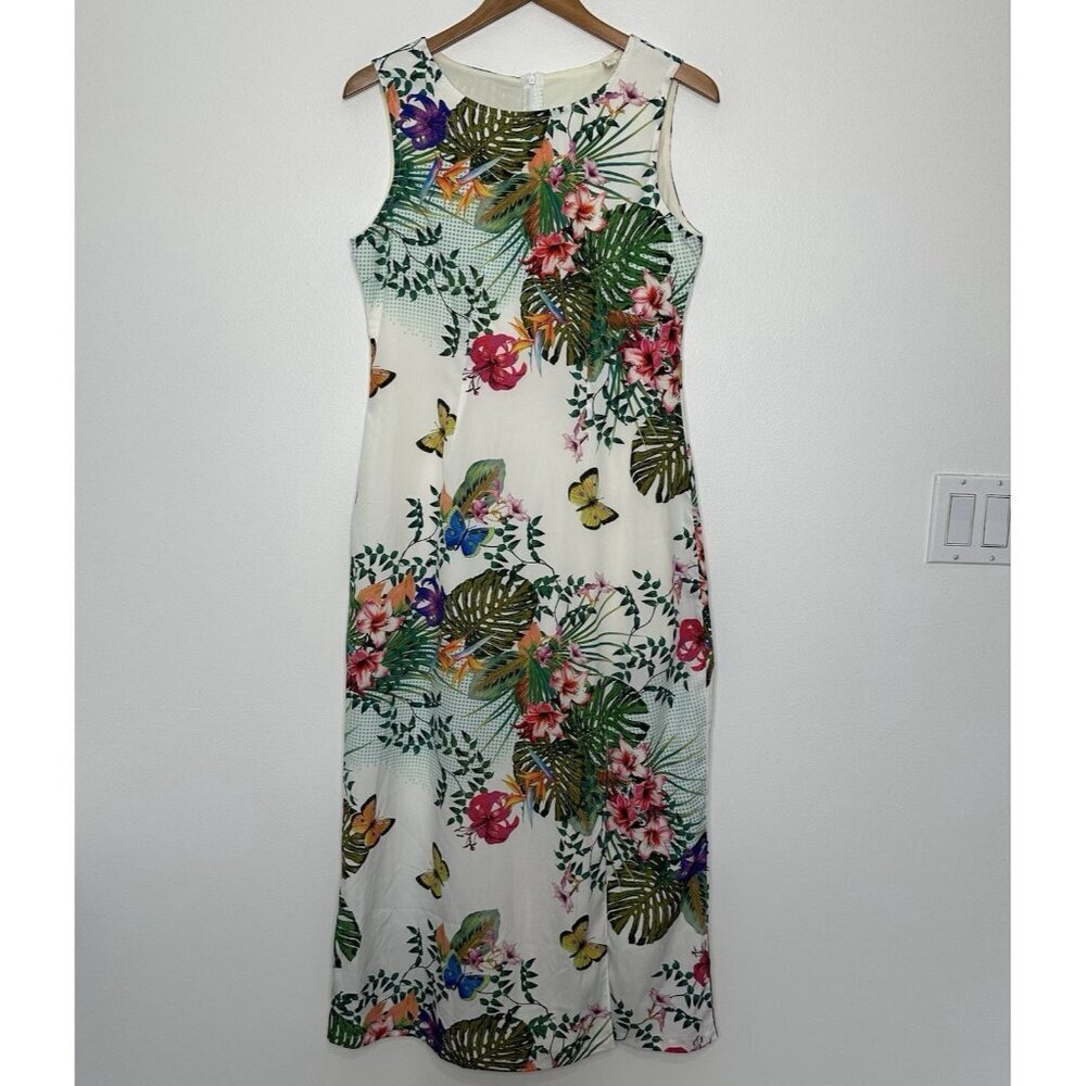 Neharsha Sleeveless Midi‎ Dress Size M Butterfly Floral Tropical Slit Beach